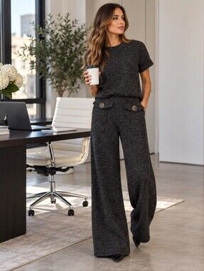 🍁 ZARA Basic Knit Wide Leg Lounge Set Gray Speckled Matching Set